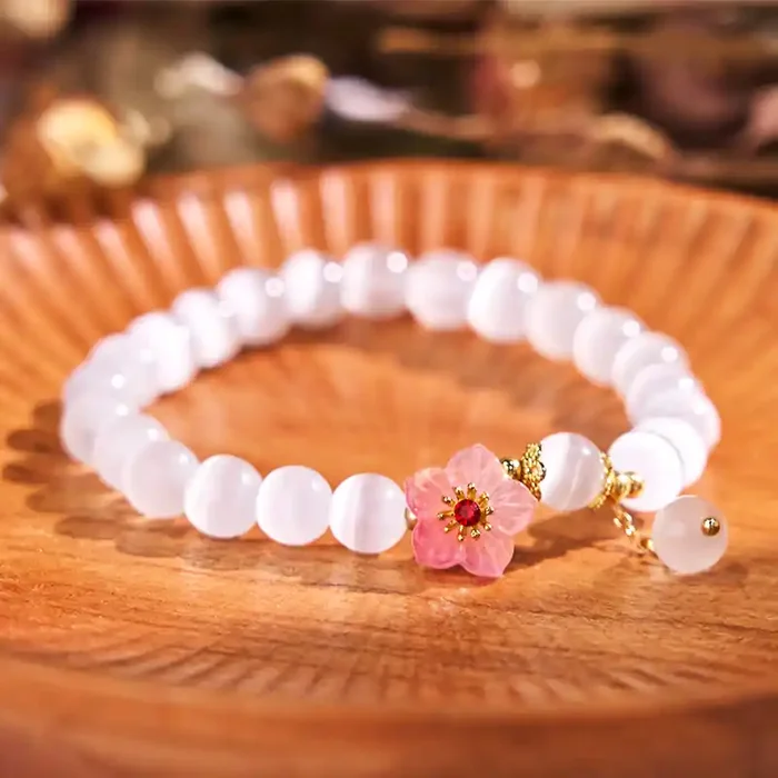 Buddha Stones Chrysoberyl Cat‘s Eye Pink Flowers Support Bracelet