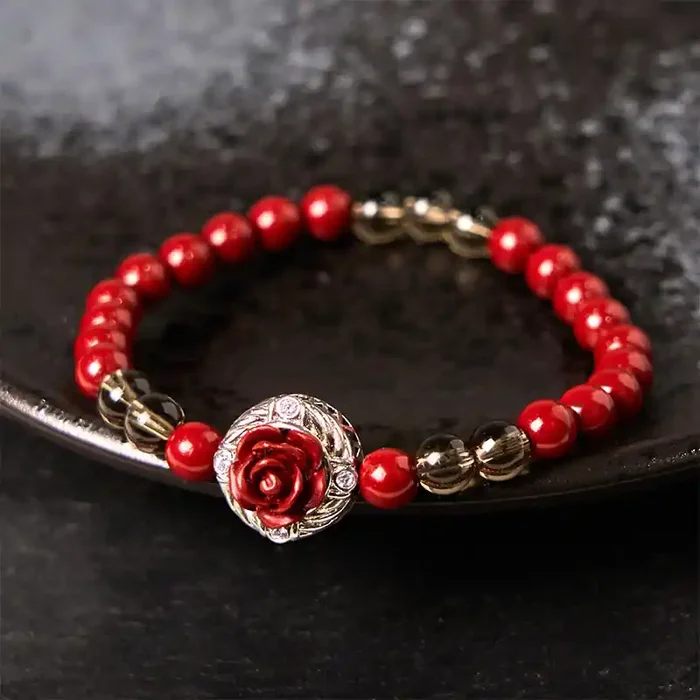 Buddha Stones Cinnabar Angora Red Shell Pearl Rose Petals Calm Bracelet