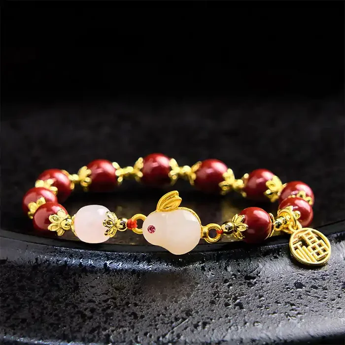 Buddha Stones Cinnabar Cute Rabbit Bunny Fu Character Charm Blessing Bracelet