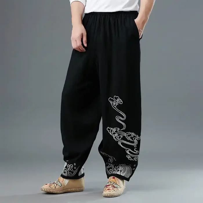 Buddha Stones Clouds Elastic Waist Ethnic Cotton Men‘s Pants With Pockets