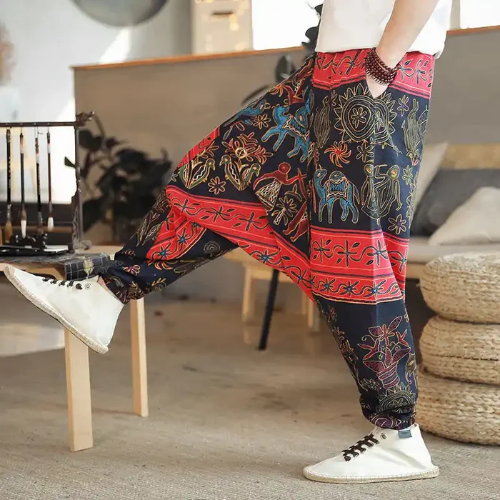 Buddha Stones Colorful Camel Figure Pattern Cotton Men‘s Harem Pants With Pockets