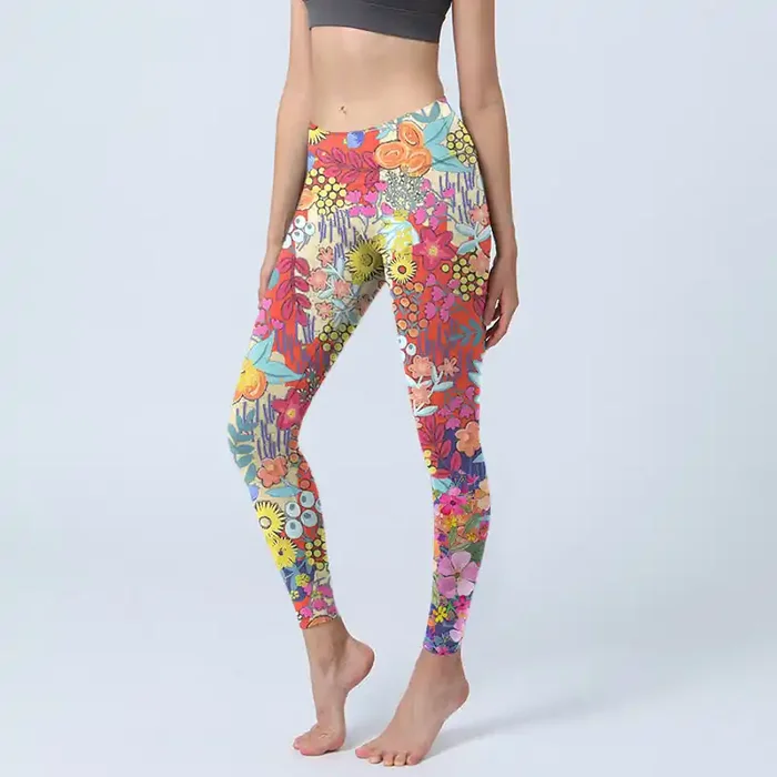 Buddha Stones Colorful Flowers Leaves Print Gym Fitness Leggings Women‘s Yoga Pants