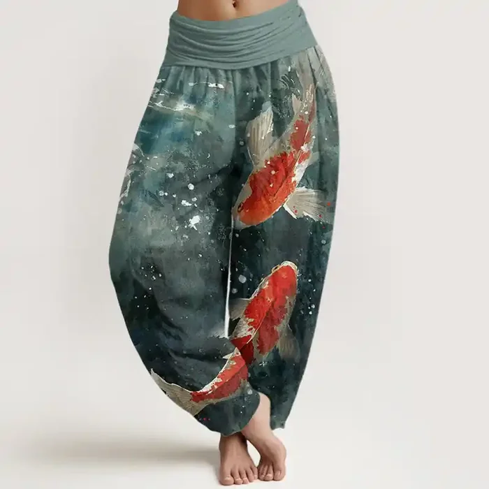 Buddha Stones Colorful Koi Fish Ocean Design Women‘s Elastic Waist Harem Pants