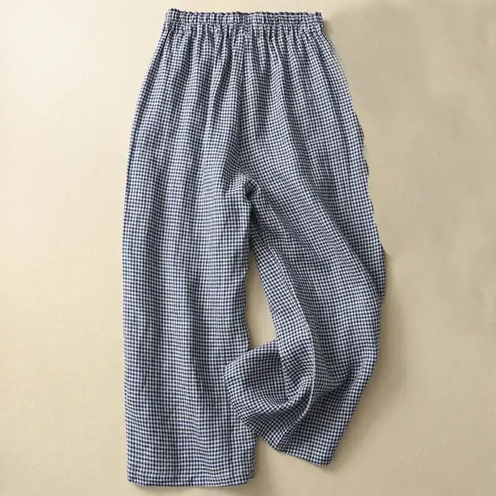 Buddha Stones Commute Casual Checkered Pattern 7-8 Length Women‘s Wide Leg Cotton Linen Pants With Pockets