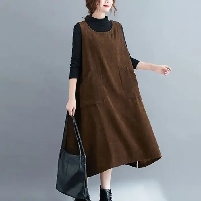 Buddha Stones Commute Crew Neck Women‘s Sleeveless Cotton Corduroy Midi Dress With Pockets