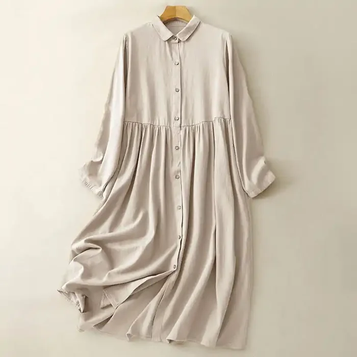 Buddha Stones Commute Long Sleeve Pure Color Button Design Lapel Cotton Midi Dress
