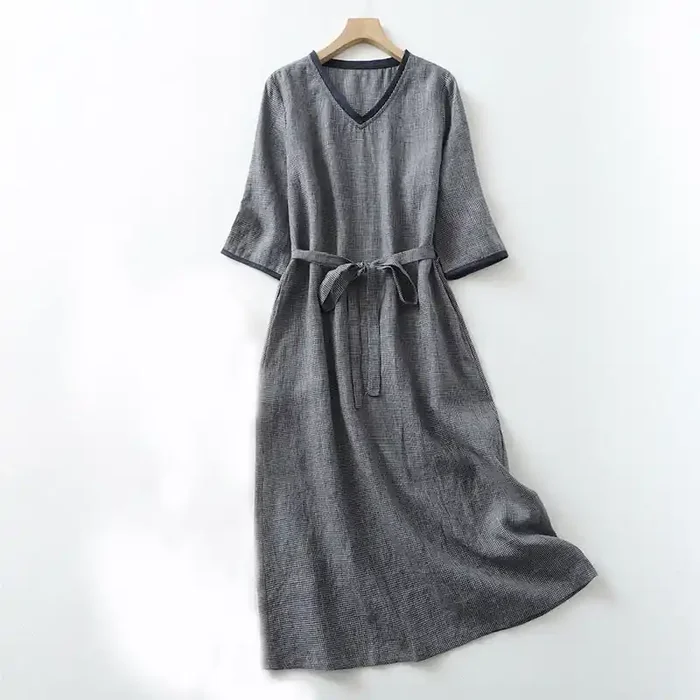 Buddha Stones Commute MidnightBlue Lace-Up Half Sleeve Design Cotton Linen Midi Dress With Pockets