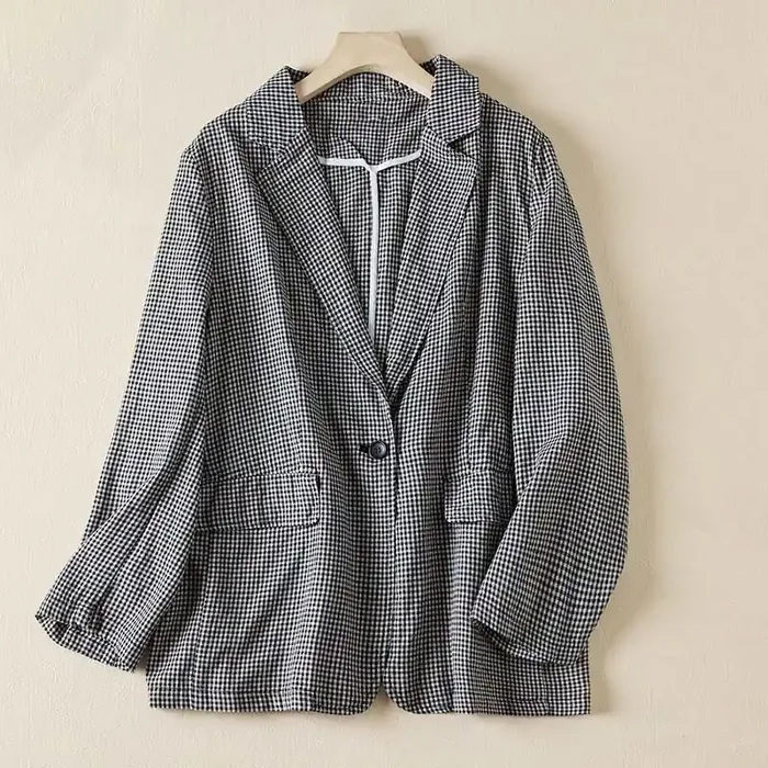 Buddha Stones Commute Plaid Pattern Women‘s Cotton Lapel Long Sleeve Jacket With Pockets