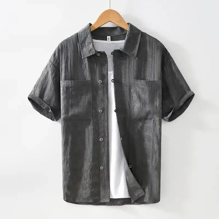 Buddha Stones Commute Plain Buttons Men‘s Short Sleeve Shirt With Pockets