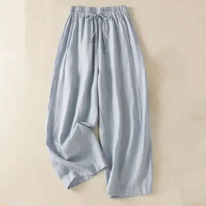 Buddha Stones Commute Plain Design Drawstring Cotton Linen Women‘s Wide Leg Pants With Pockets