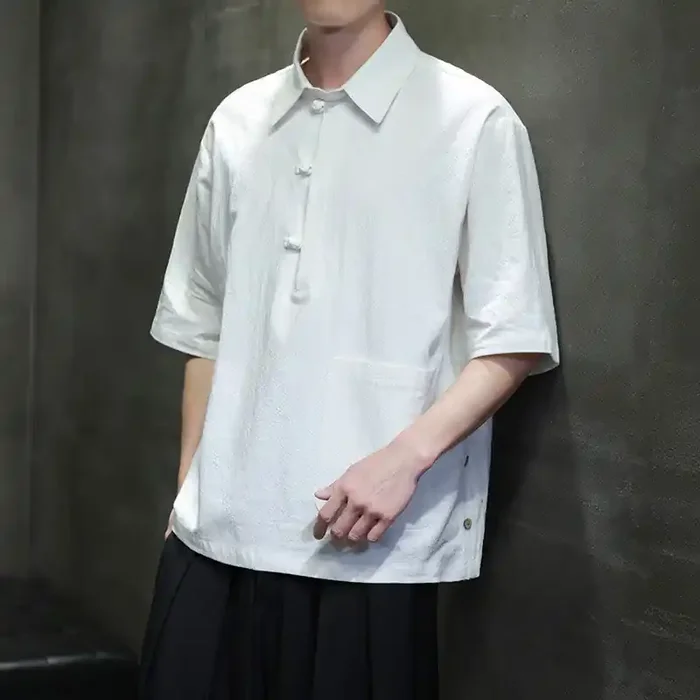 Buddha Stones Commute Plain Half Buttons Design Men‘s Cotton Linen Half Sleeve Shirt With Pocket