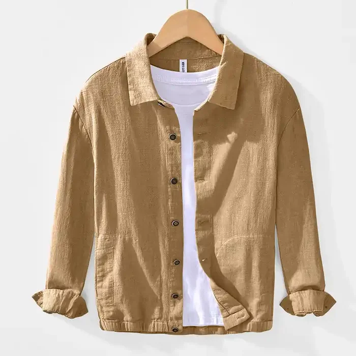 Buddha Stones Commute Plain Simple Buttons Design Men‘s Long Sleeve Ramie Linen Jacket With Pockets