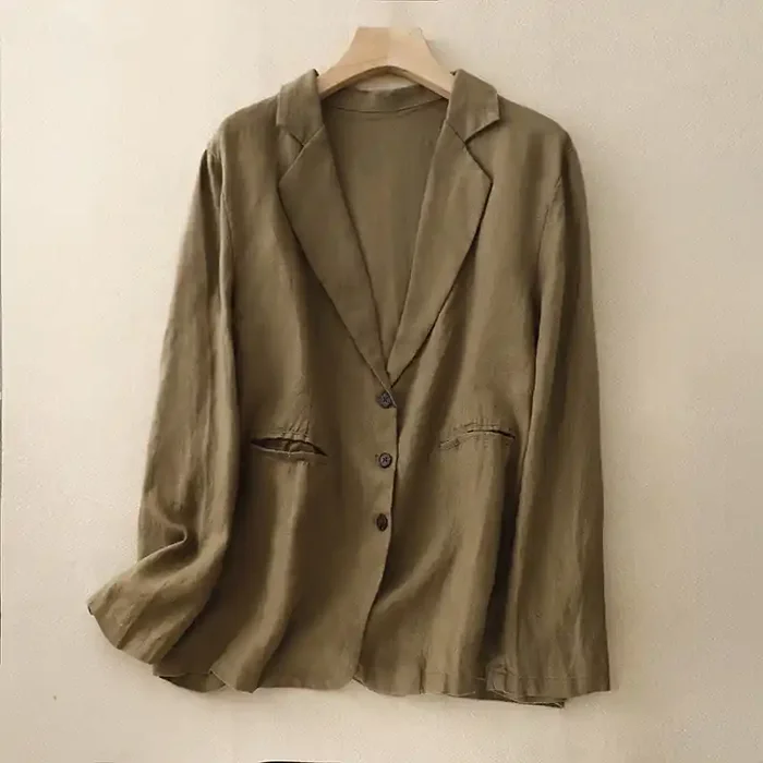 Buddha Stones Commute Retro Pure Color Lapel Cotton Linen Women‘s Jacket With Pockets