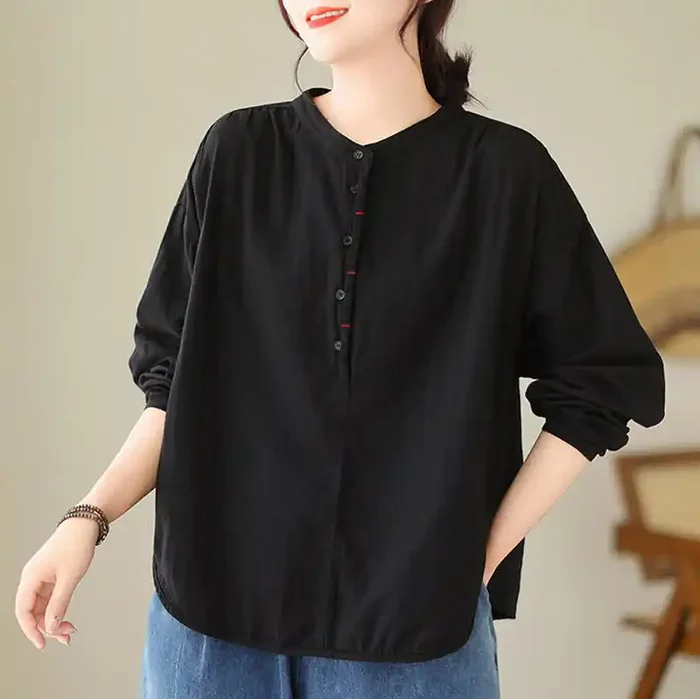 Buddha Stones Commute Spring Plain Half Buttons Simple Design Women‘s Cotton Linen Long Sleeve Shirt