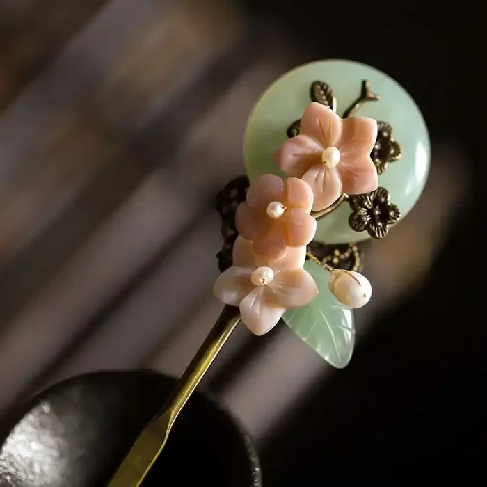 Buddha Stones Copper Jade Shell Flower Leaves Luck Hairpin