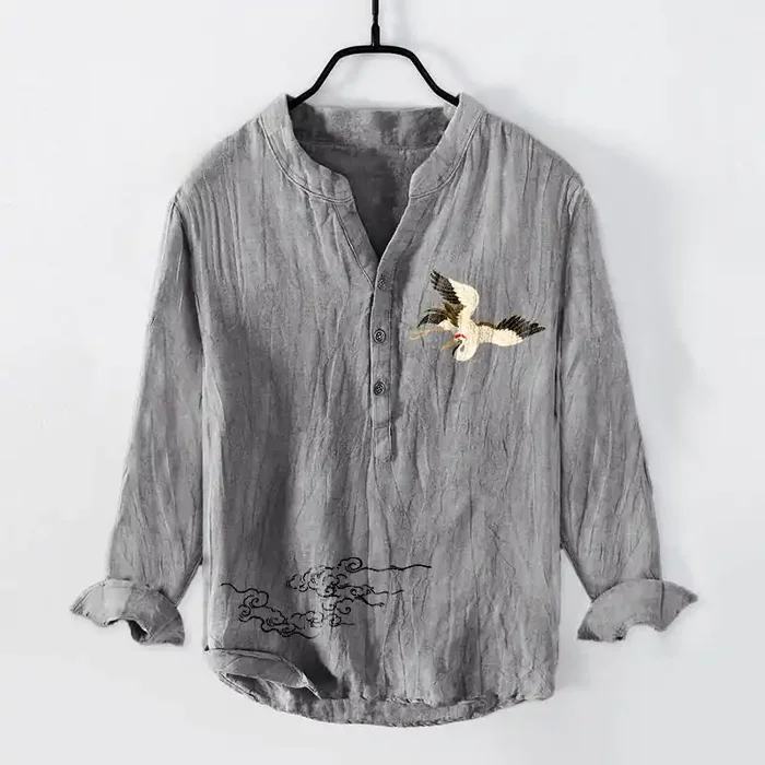 Buddha Stones Crane Auspicious Clouds Pattern Half Buttons Men‘s Cotton Linen Long Sleeve Shirt