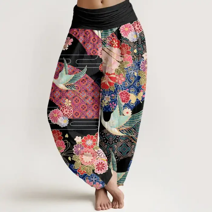 Buddha Stones Crane Flower Pattern Women‘s Elastic Waist Harem Pants