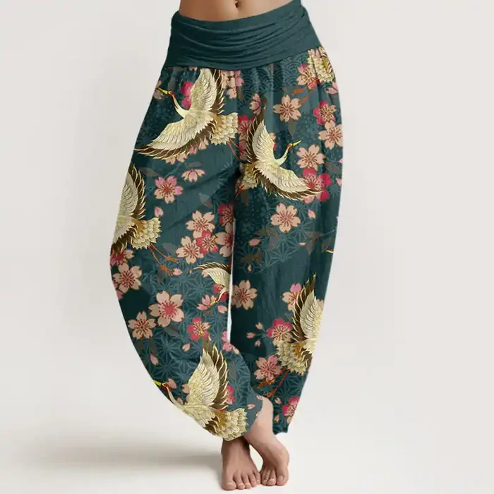 Buddha Stones Crane Peach Blossom Pattern Women‘s Elastic Waist Harem Pants