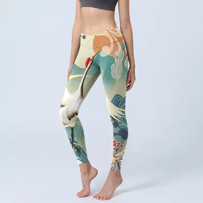 Buddha Stones Cranes Plum Blossoms Mountains Print Gym Leggings Women‘s Yoga Pants