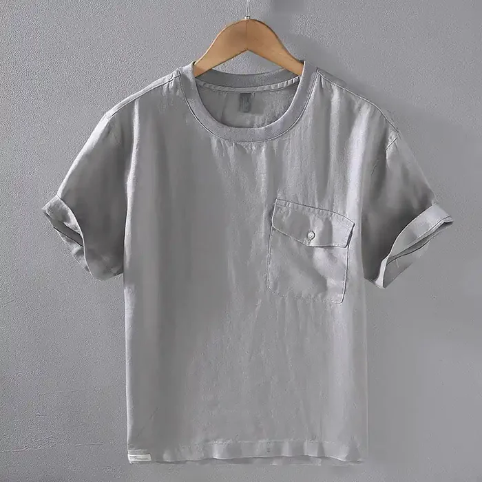 Buddha Stones Crew Neck Simple Design Men‘s Short Sleeve Linen Shirt With Pocket