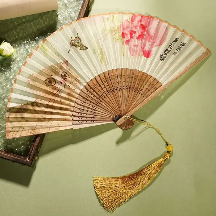 Buddha Stones Cute Cat Butterfly Flowers Pattern Handheld Silk Bamboo Folding Fan 21cm
