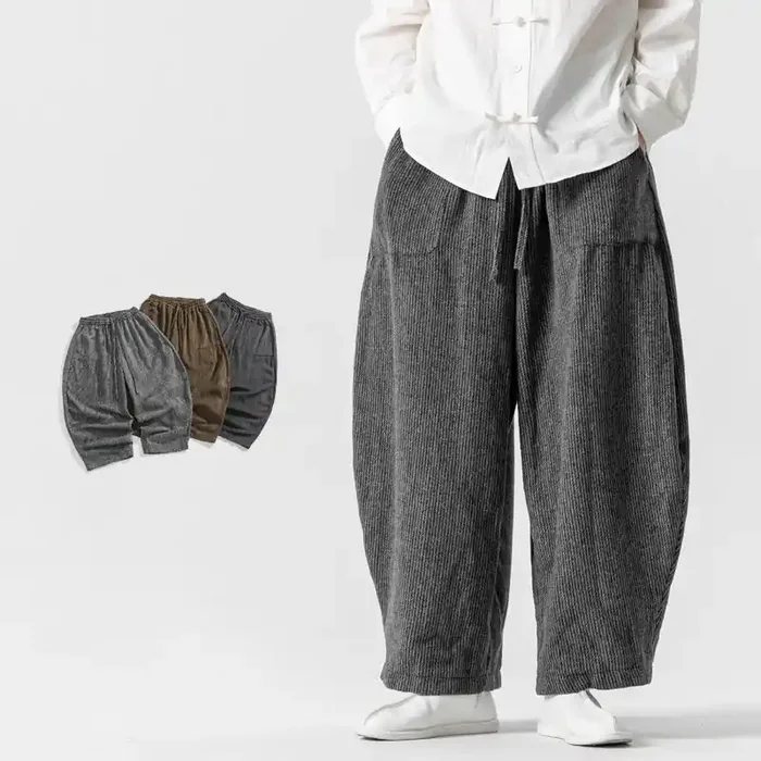 Buddha Stones Daily Solid Color Drawstring Design Men‘s Wide Leg Cotton Pants With Pockets
