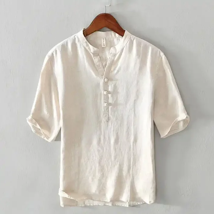 Buddha Stones Daily Solid Color Stand Collar Half Sleeve Linen Half Button Men‘s Shirt