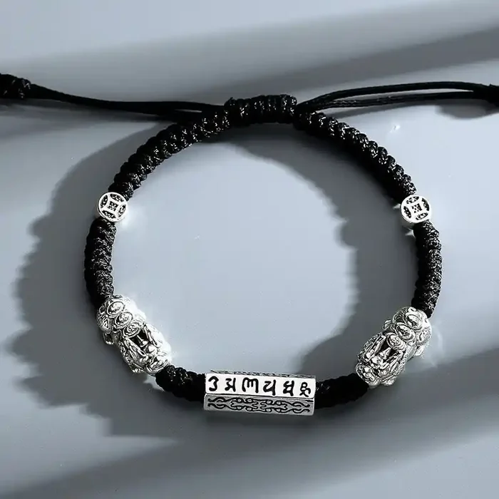 Buddha Stones Double PiXiu Feng Shui Copper Coin Om Mani Padme Hum String Bracelet