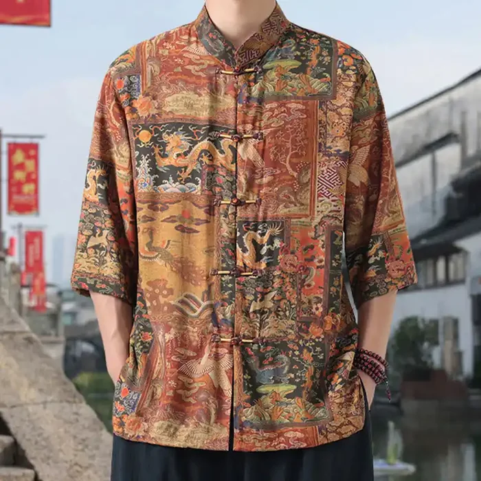 Buddha Stones Dragon Auspicious Clouds Green Mountains Chinese Frog-Button Men‘s Half Sleeve Cotton Linen Shirt