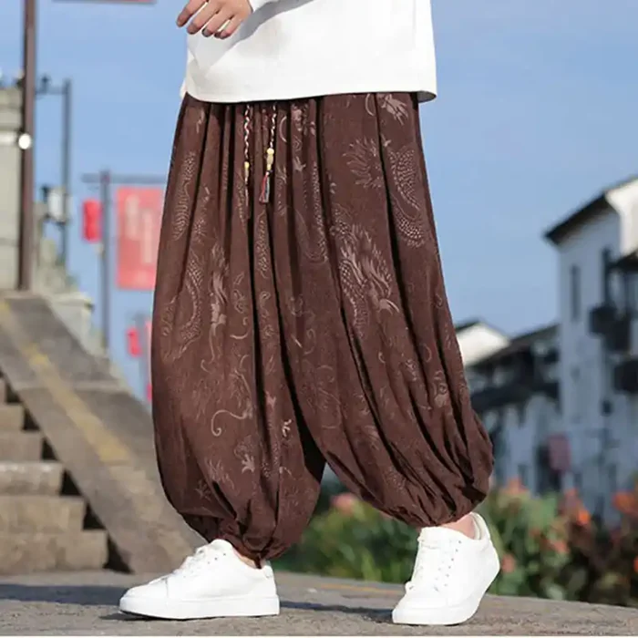 Buddha Stones Dragon Design Casual Plain Cotton Men‘s Pants With Pockets