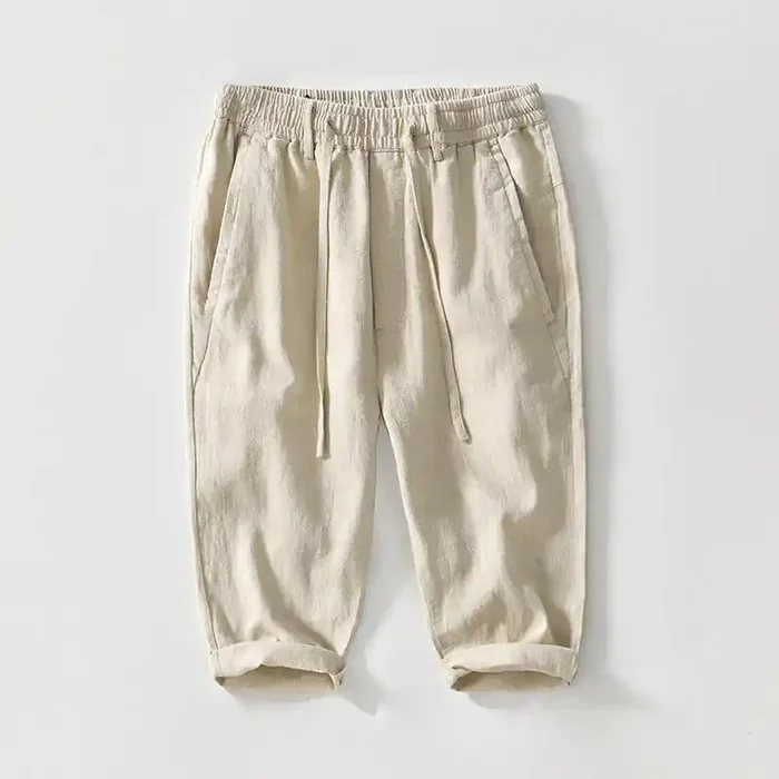Buddha Stones Drawstring Simple Design 7-8 Length Cotton Linen Men‘s Pants With Pockets