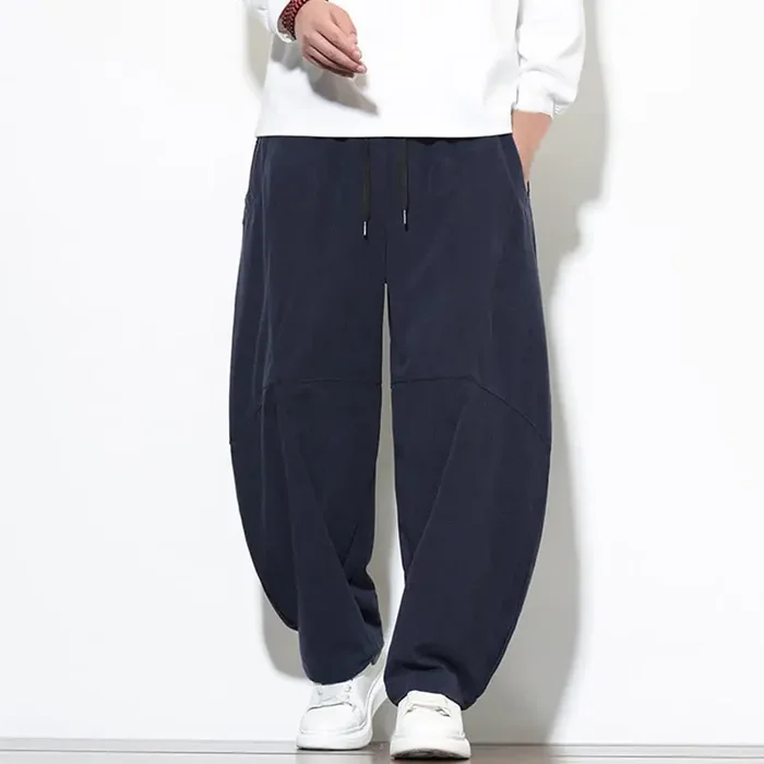 Buddha Stones Drawstring Solid Color Tapered Design Cotton Corduroy Men‘s Harem Pants With Pockets