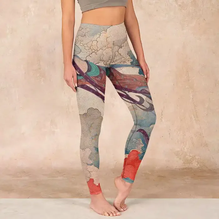 Buddha Stones Dunhuang Flying Apsaras Auspicious Clouds Print Fitness Leggings Women‘s Yoga Pants