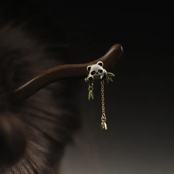 Buddha Stones Ebony Panda Bamboo Tassel Courage Hairpin