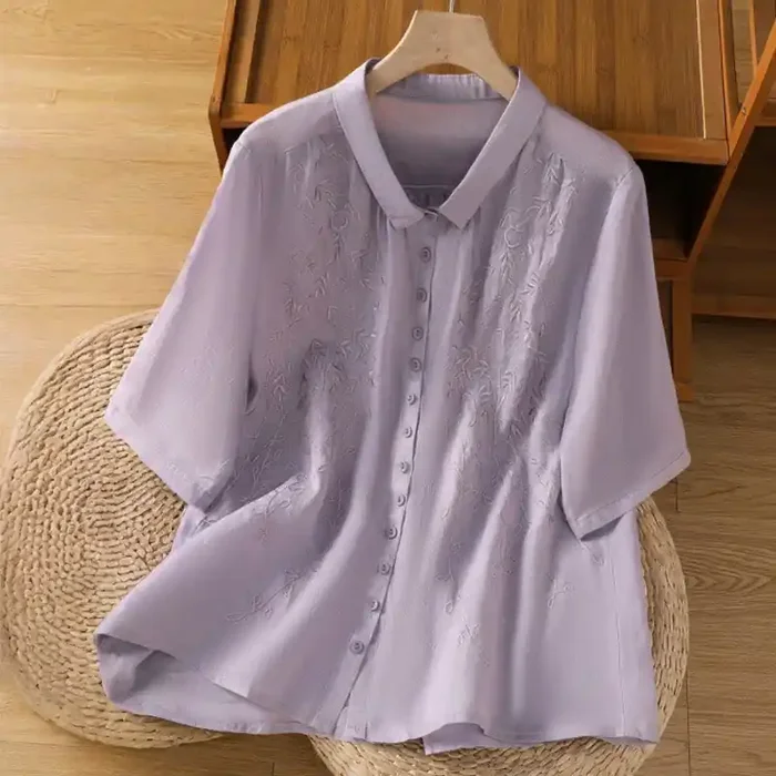 Buddha Stones Embroiderd Front Button Stand Collar Design Women‘s Cotton Short Sleeve Shirt