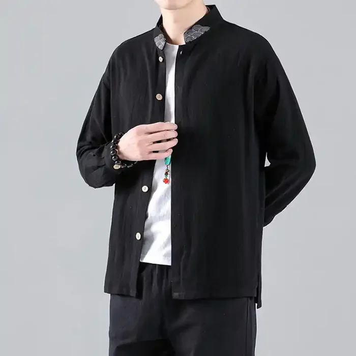 Buddha Stones Embroidered Auspicious Clouds Stand Collar Button Down Long Sleeve Men‘s Cotton Shirt