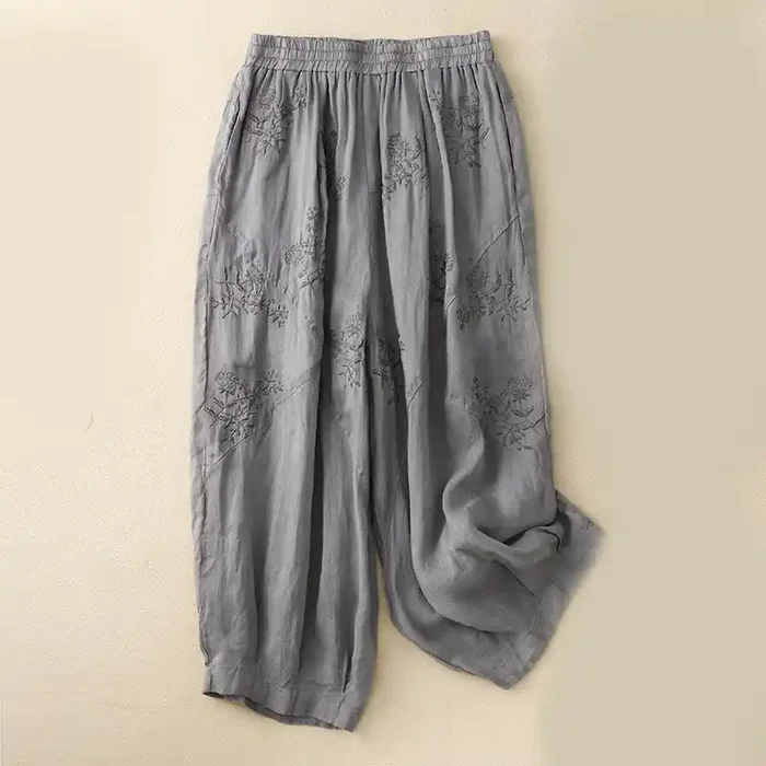 Buddha Stones Embroidered Pattern Women‘s Cotton Linen Harem Pants With Pockets