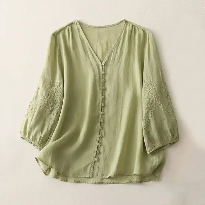 Buddha Stones Embroidery Button-down Women‘s Cotton Linen Shirt