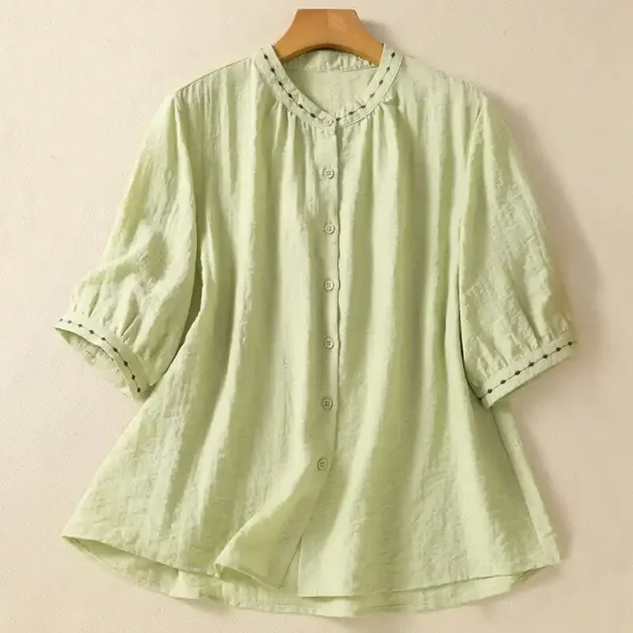 Buddha Stones Embroidery Design Cotton Button Women‘s Crew Neck Shirt
