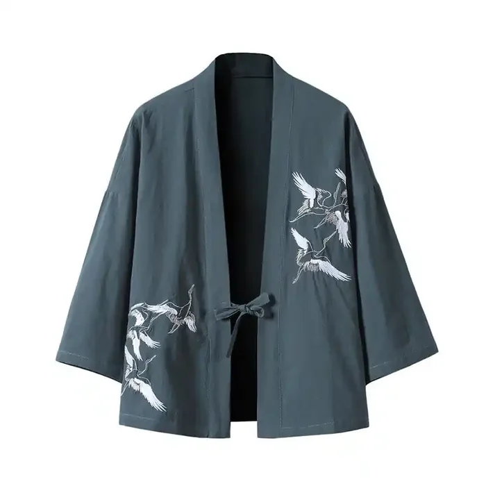 Buddha Stones Embroidery Flying White Cranes Cotton Linen Open Front Jacket Men‘s Kimono