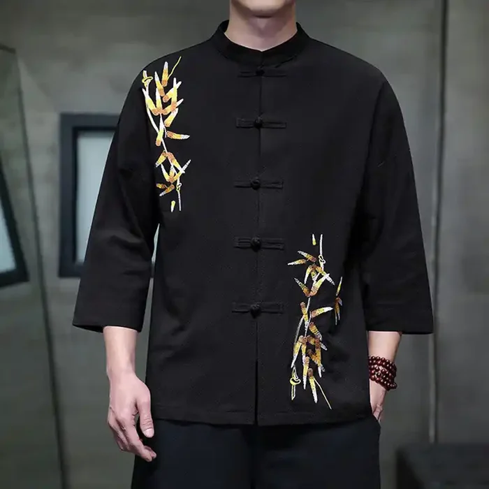 Buddha Stones Embroidery Men‘s Chinese Frog-Button Three Quarter Sleeve Shirt Clothing