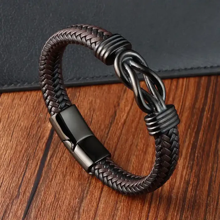 Buddha Stones Endless Knot Pattern Titanium Steel Balance Leather Buckle Bracelet