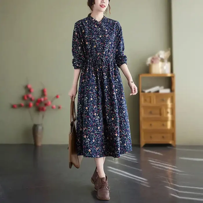 Buddha Stones Ethnic Printing Drawstring Long Sleeve Cotton Linen Midi Dress With Pockets