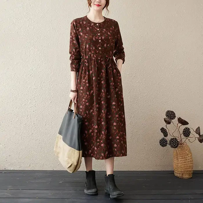 Buddha Stones Ethnic Printing Floral Long Sleeve Buttons Design Cotton Linen Midi Dress With Pockets
