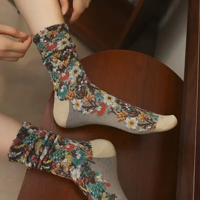 Buddha Stones Ethnic Textured Floral Pattern Women‘s Micro Crew Cotton Socks