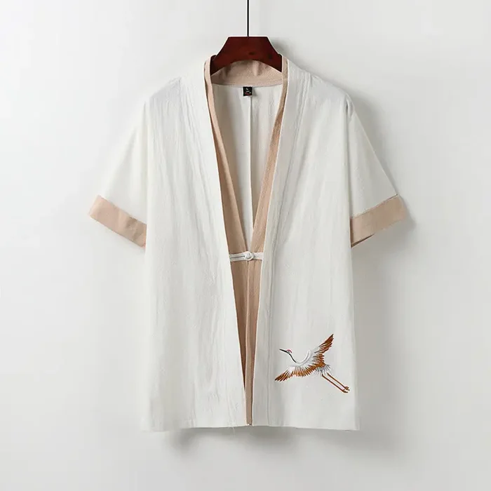 Buddha Stones Fake Two-piece Men‘s Half Sleeve Cardigan Embroidery Hanfu Comfort Cotton Shirt