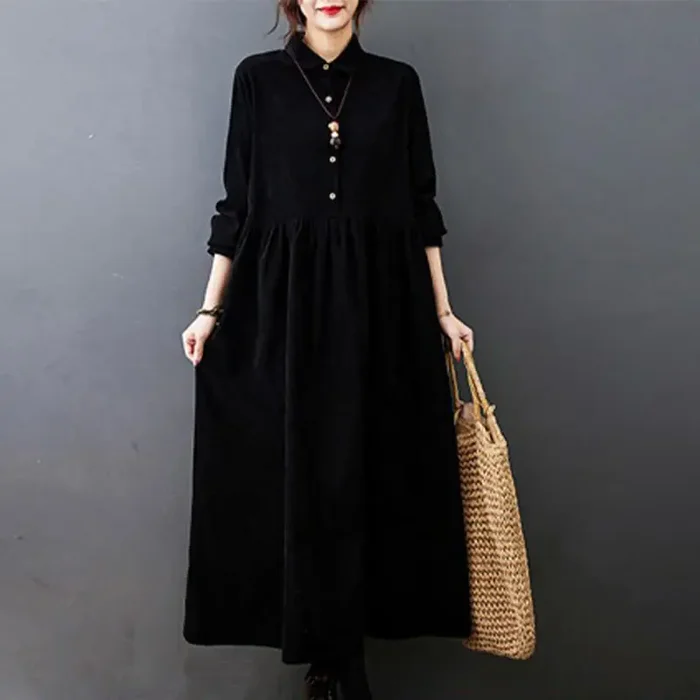 Buddha Stones Fall Buttons Design Long Sleeve Cotton Corduroy Midi Dress With Pockets