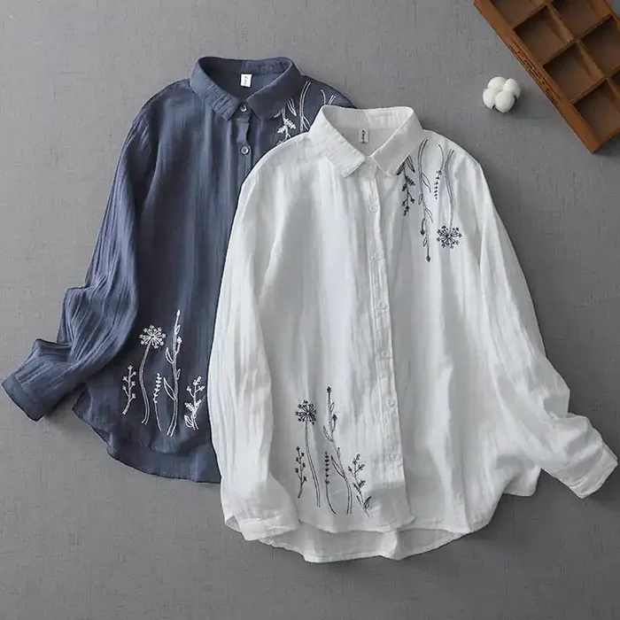 Buddha Stones Fall Dandelion Flower Buttons Long Sleeve Women‘s Cotton Shirt