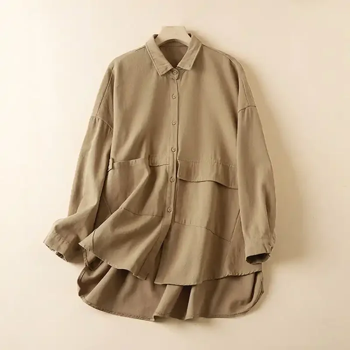 Buddha Stones Fall Irregular Design Long Sleeve Women‘s Cotton Linen Lapel Jacket With Pockets