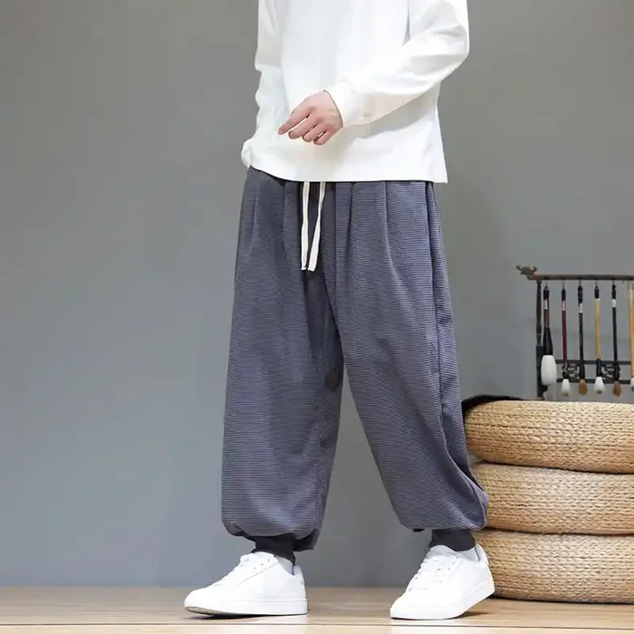 Buddha Stones Fall Plain Drawstring Simple Design Men‘s Harem Cotton Corduroy Pants With Pockets
